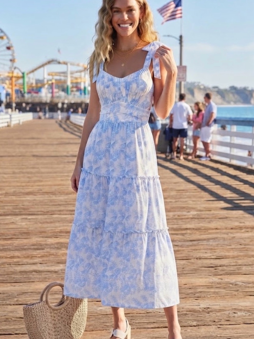 Blue and White Floral Tie Shoulder Maxi Dress Size Medium
